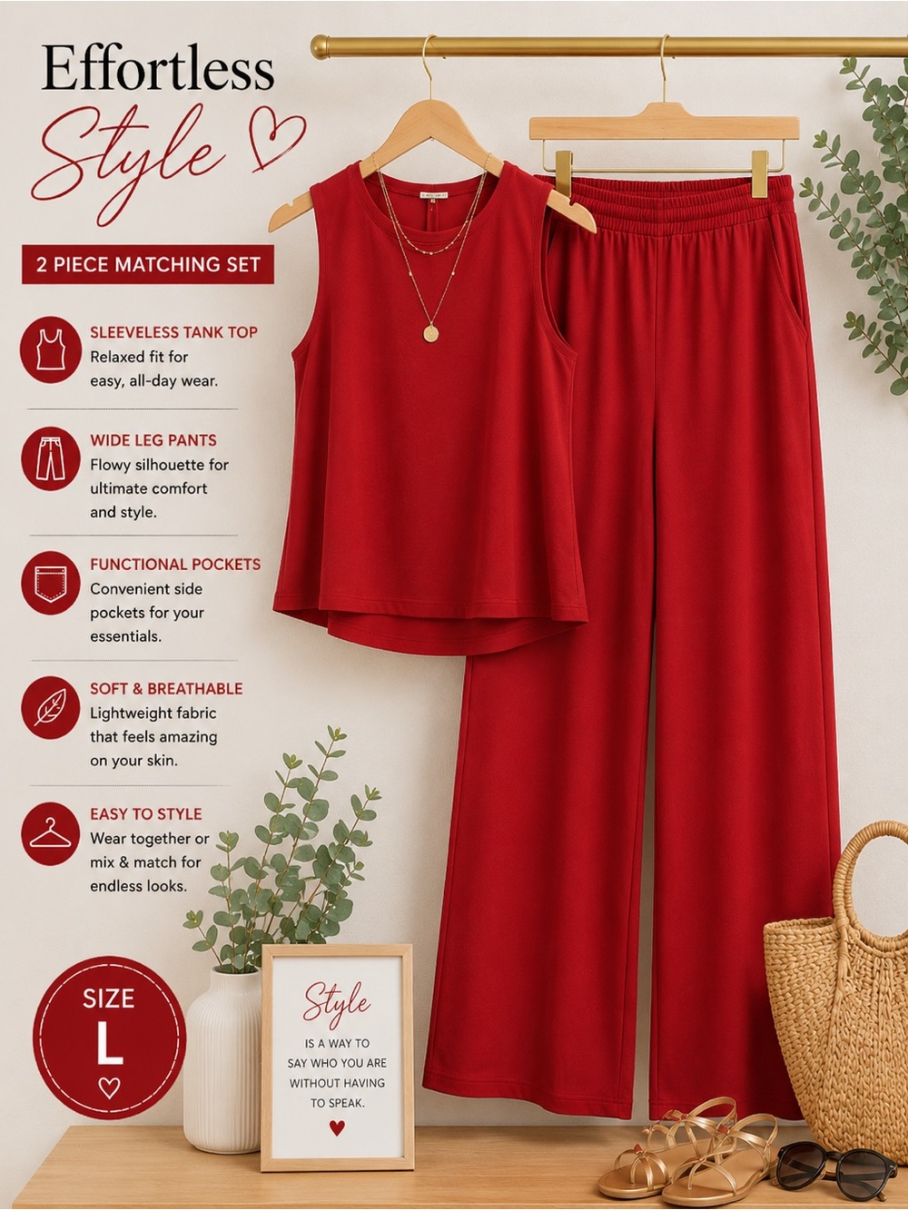 Red Sleeveless Wide Leg Pants 2 Piece Matching Set L - Picture 4 of 5